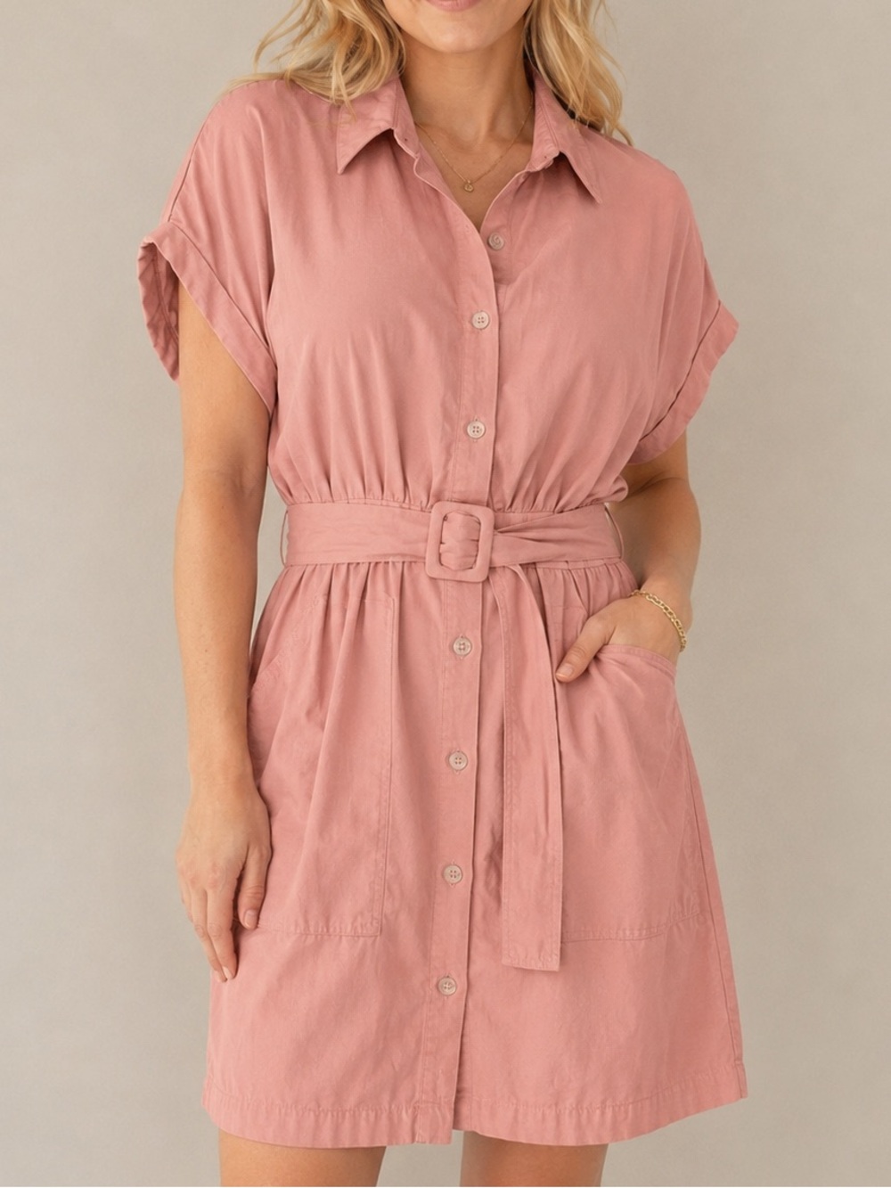 KOOKAÏ Dusty Pink Linen Tencel Blend Belted Shirt Dress Size 4/XS